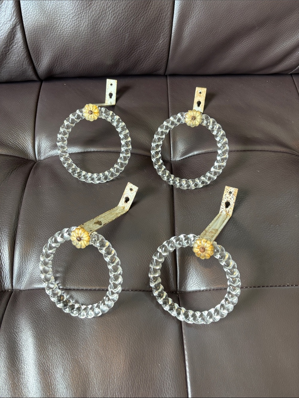 Set of 4 Vintage Clear Glass Ring Curtain Tiebacks with Floral Accent